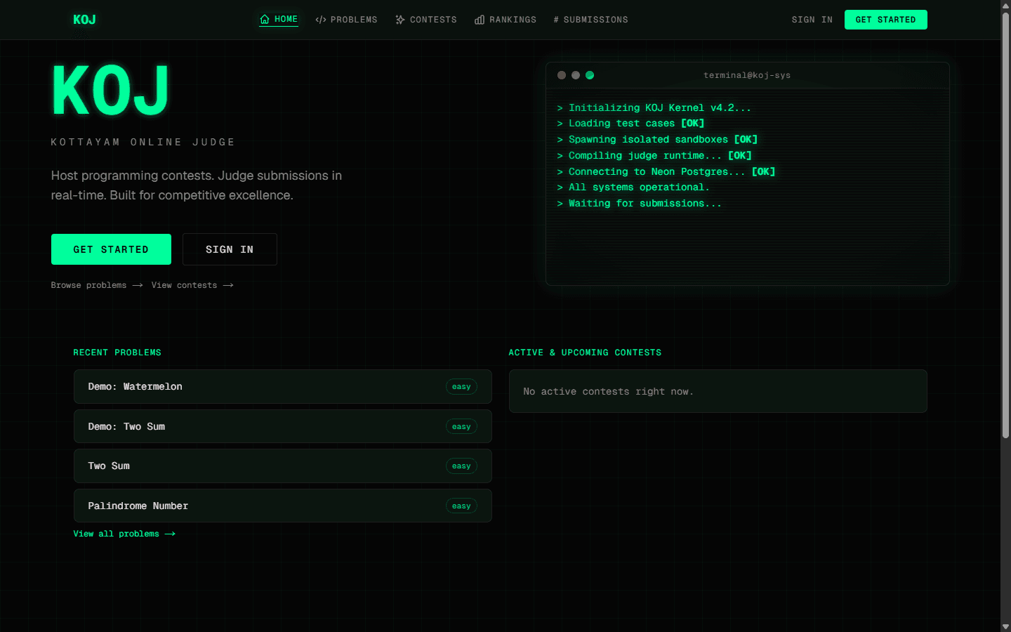 KOJ home screen with problem browsing and contest information.