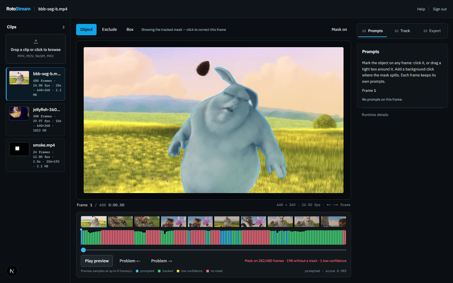 RotoStream studio showing a video mask, timeline, and frame controls.